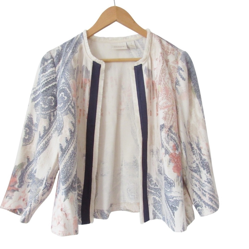 Chicos Watercolor Floral Blazer Jacket 1 Medium Fringe Hem Open Cream Preppy